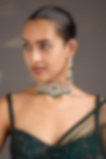 Gold Finish Kundan Polki & Emerald Stone Filigree Choker Necklace Set by Aura Trends at Pernia's Pop Up Shop