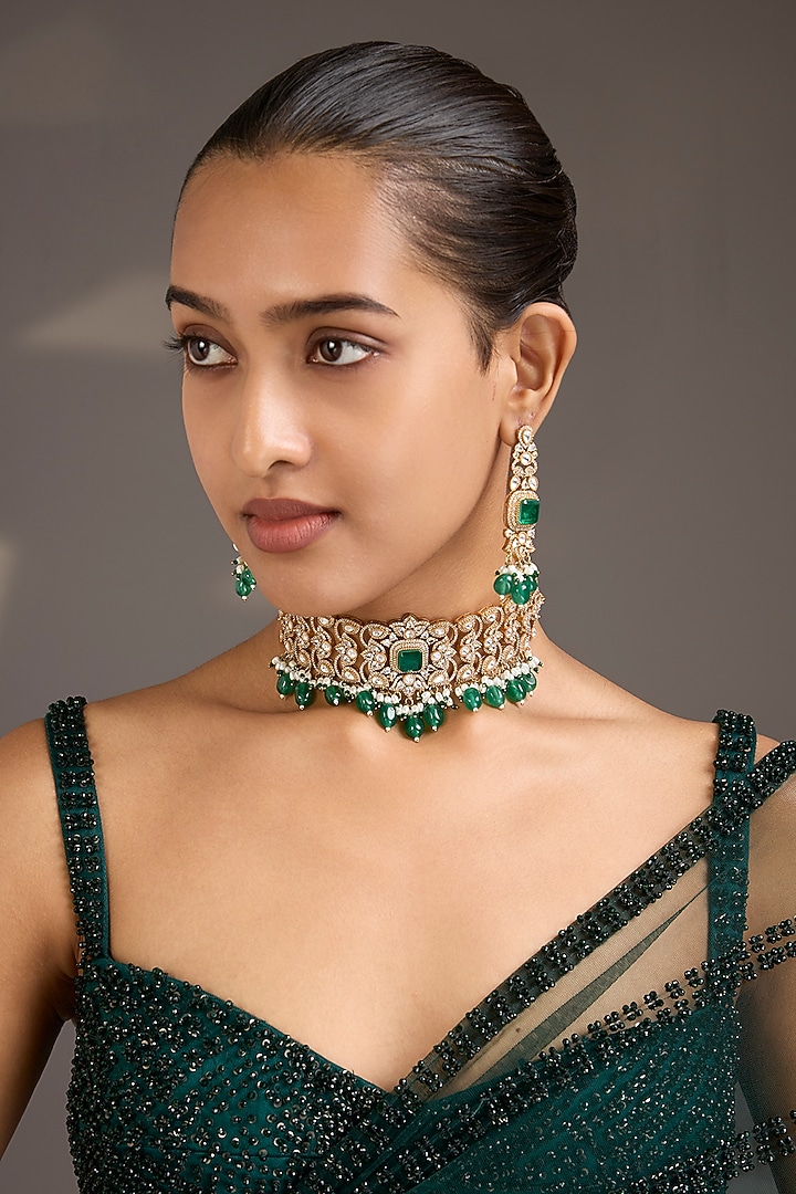 Gold Finish Kundan Polki & Emerald Stone Filigree Choker Necklace Set by Aura Trends at Pernia's Pop Up Shop
