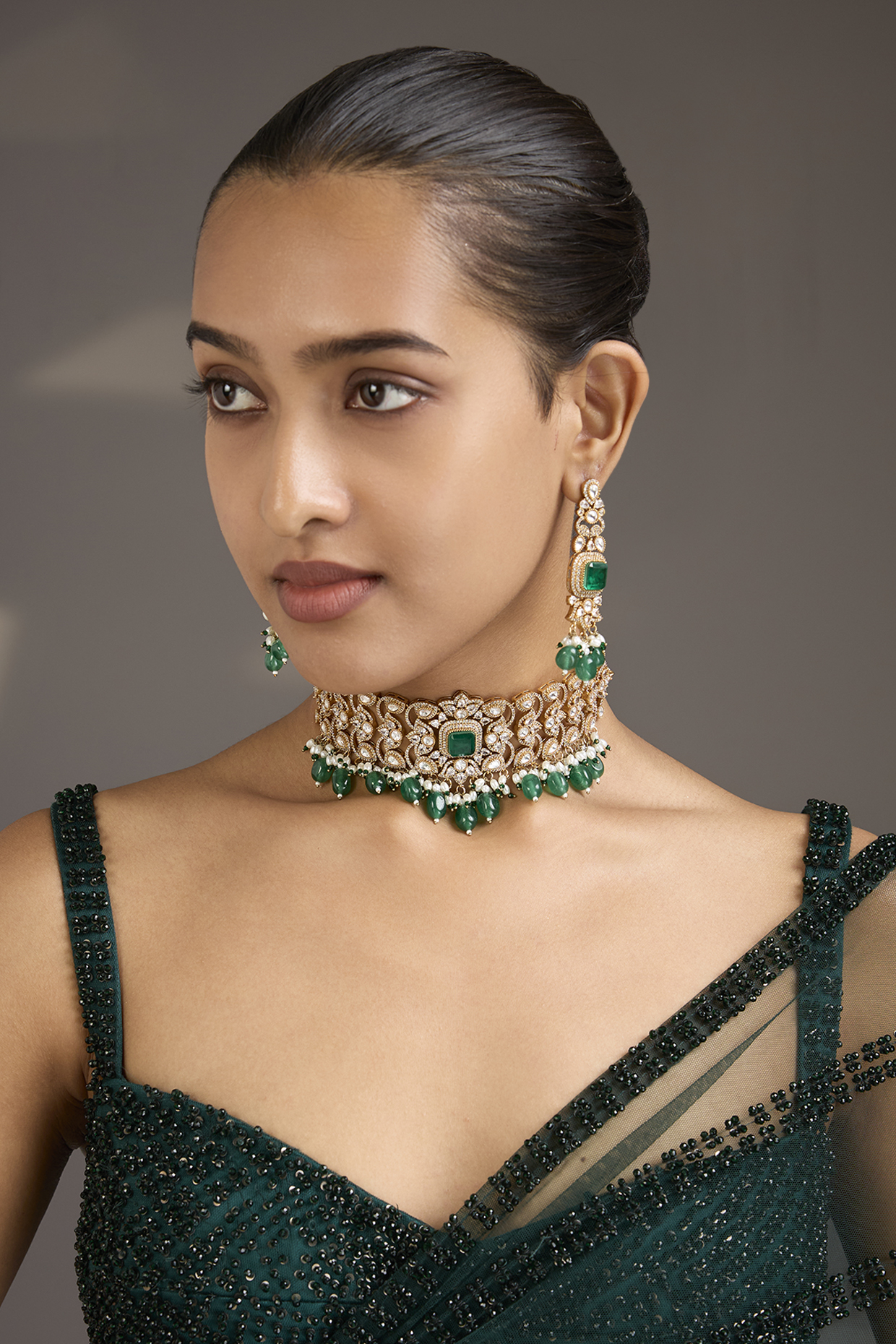 Gold Finish Kundan Polki & Emerald Stone Filigree Choker Necklace Set by Aura Trends