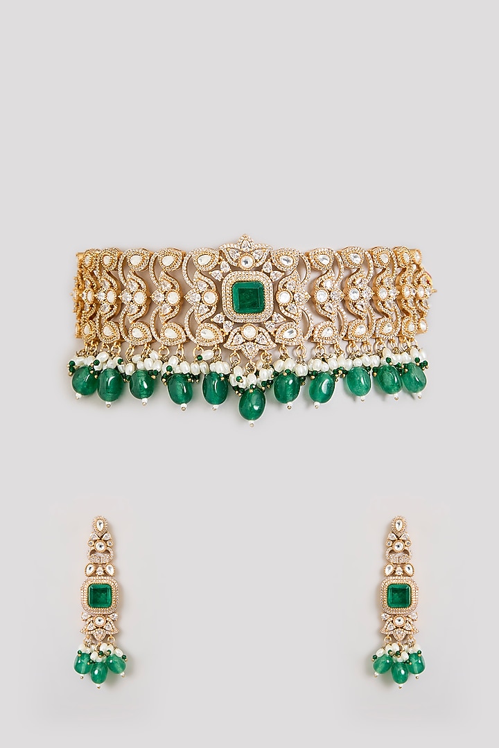 Gold Finish Kundan Polki & Emerald Stone Filigree Choker Necklace Set by Aura Trends at Pernia's Pop Up Shop