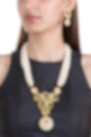 Gold Finish Kundan & Semi-Precious Green Onyx Stone Necklace Set by Auraa Trends
