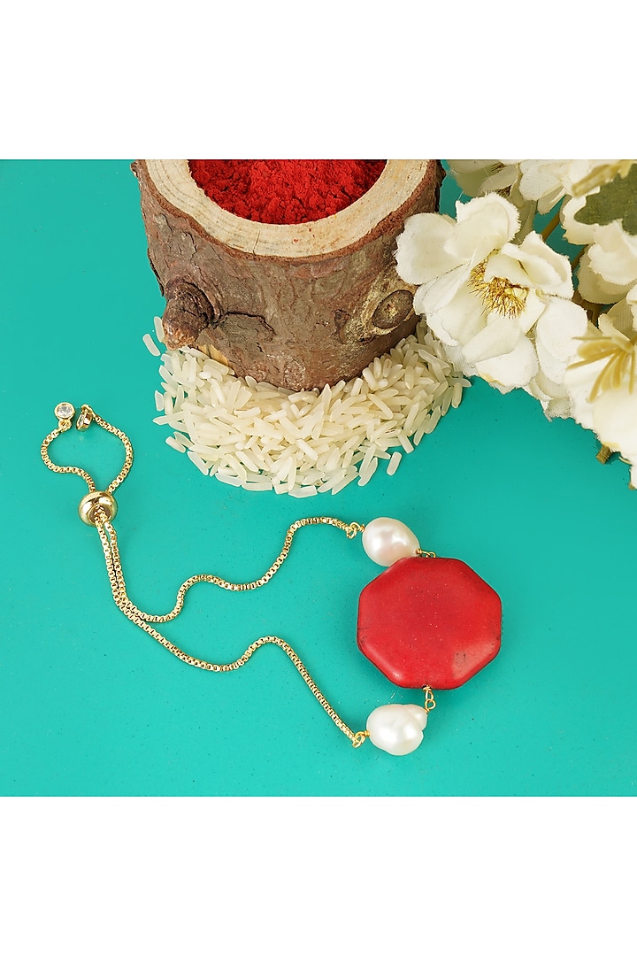 Gold Finish Semi-Precious Red Onyx Stone Bracelet Rakhi by Auraa Trends