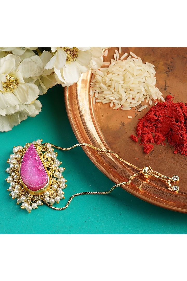 Gold Finish Agate & Druzy Stone Bracelet Rakhi by Aura Trends at Pernia's Pop Up Shop