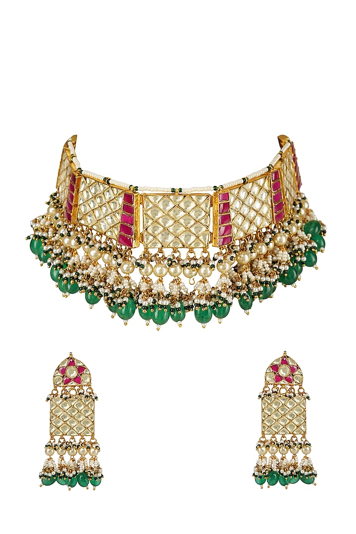 Gold Plated Necklace Set With Kundan Polki  by Auraa Trends
