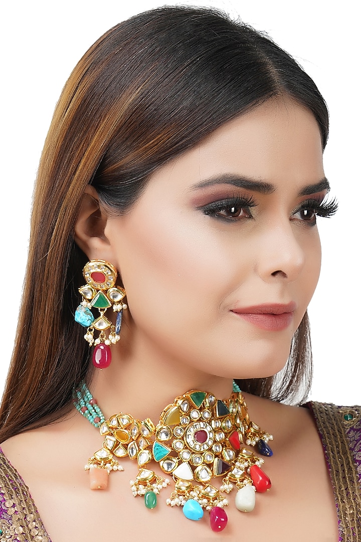Gold Plated Kundan Polki & Navratna Necklace Set by Aura Trends at Pernia's Pop Up Shop