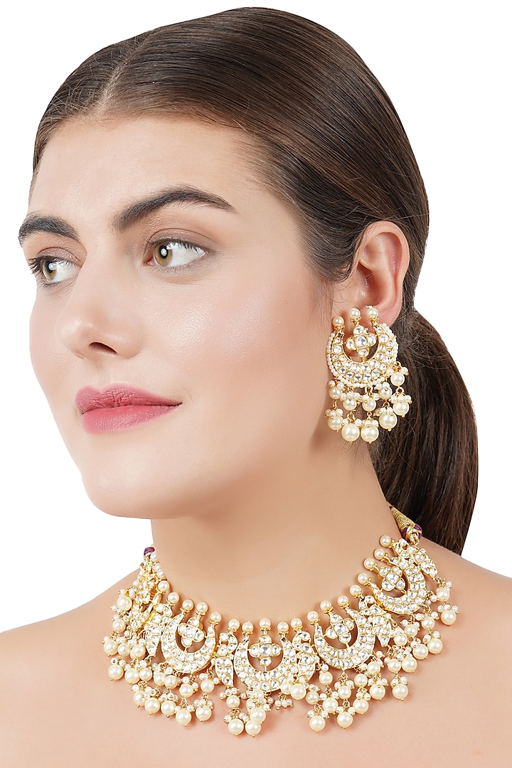 Gold Plated Pearl & Kundan Polki Necklace Set by Auraa Trends