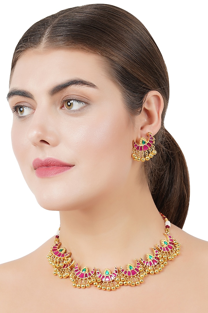 Gold Plated Kundan Polki Red Necklace Set by Auraa Trends at Pernia's Pop Up Shop
