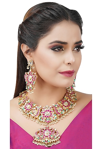 Gold Plated Bead & Kundan Polki Necklace Set by Aura Trends