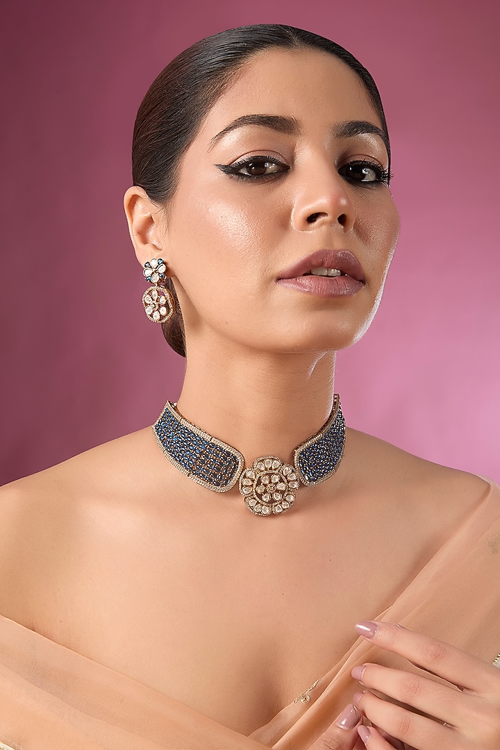 Gold Finish Kundan Polki & Blue Stone Choker Necklace Set by Auraa Trends at Pernia's Pop Up Shop
