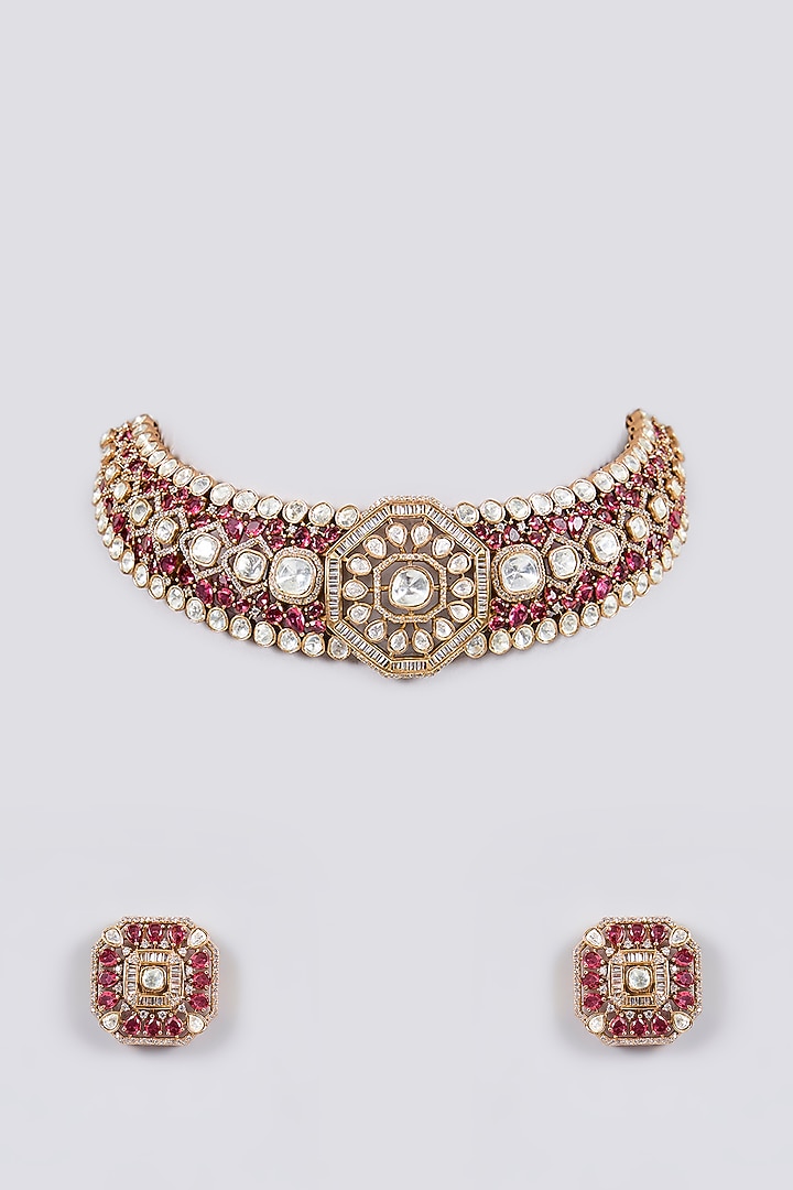 Gold Finish Kundan Polki & Magenta Stone Choker Necklace Set by Aura Trends at Pernia's Pop Up Shop