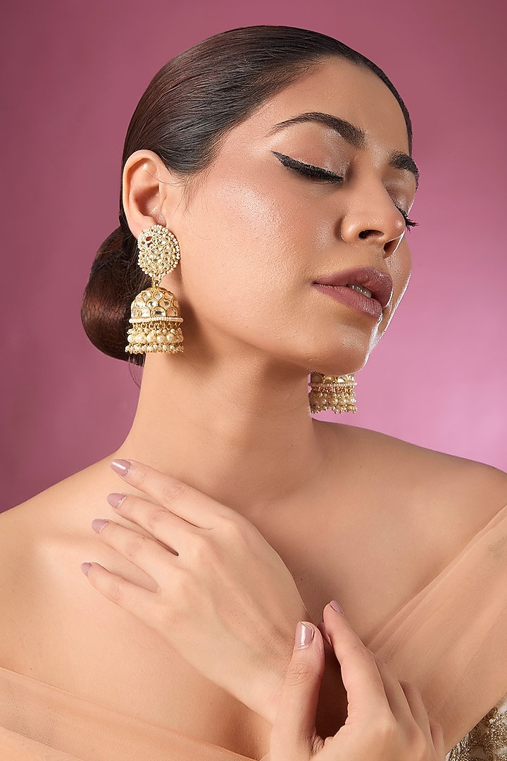 Gold Finish Kundan Polki & Pearl Detailing Jhumka Earrings by Aura Trends at Pernia's Pop Up Shop