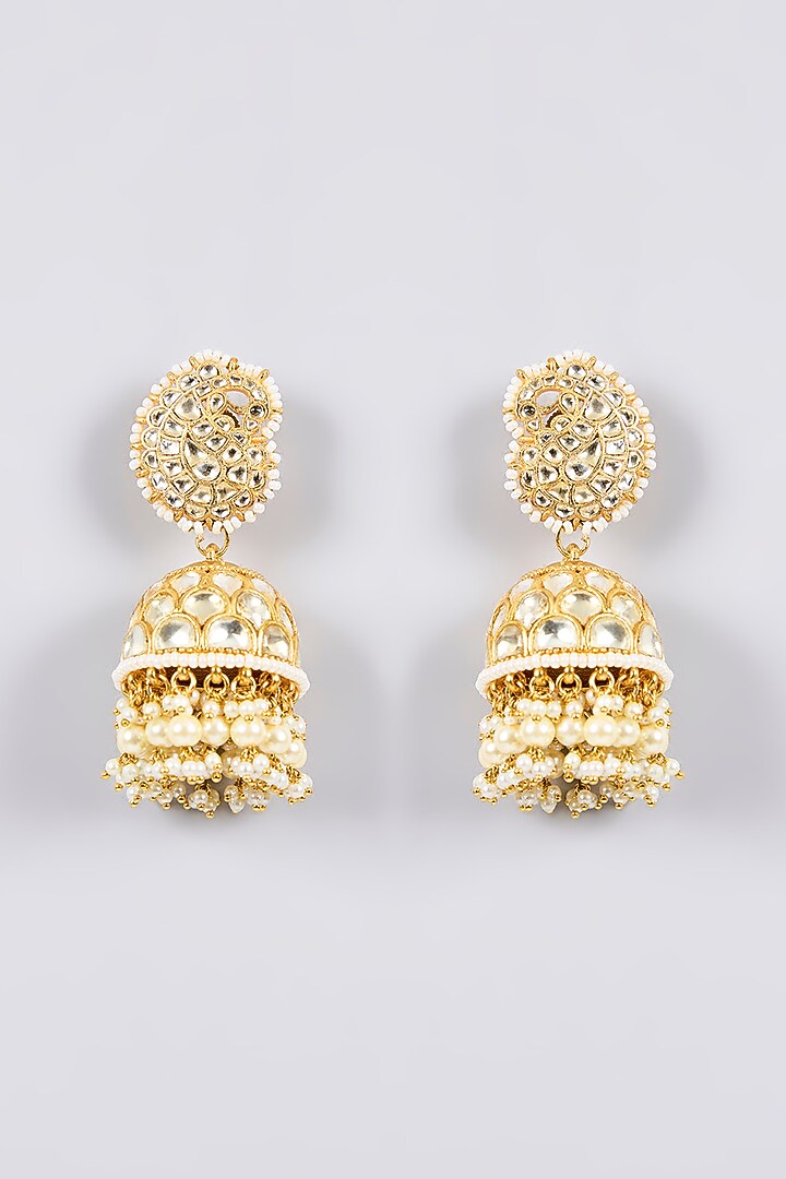 Gold Finish Kundan Polki & Pearl Detailing Jhumka Earrings by Aura Trends at Pernia's Pop Up Shop