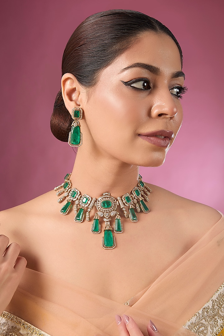 Gold Finish Kundan Polki & Emerald Green Stone Choker Necklace Set by Aura Trends at Pernia's Pop Up Shop