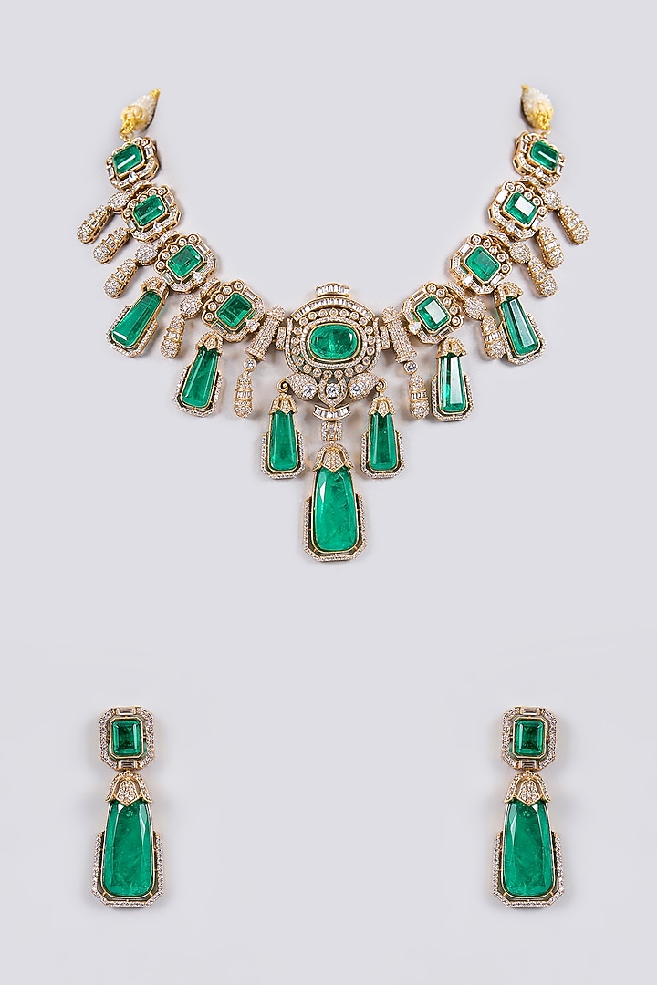 Gold Finish Kundan Polki & Emerald Green Stone Choker Necklace Set by Aura Trends at Pernia's Pop Up Shop