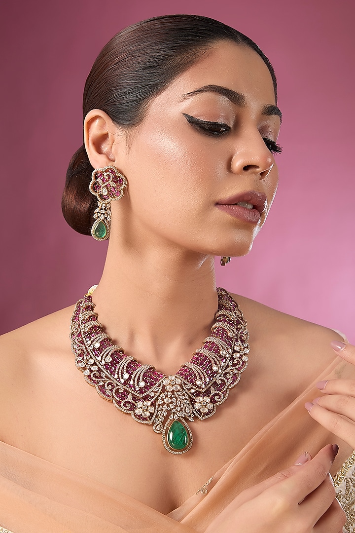 Antique Gold Finish Kundan Polki & Ruby Pink Stone Choker Necklace Set by Auraa Trends at Pernia's Pop Up Shop