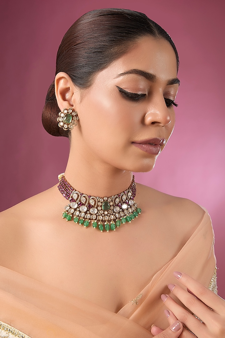 Gold Plated Kundan Polki & Ruby Beaded Choker Necklace Set by Auraa Trends at Pernia's Pop Up Shop