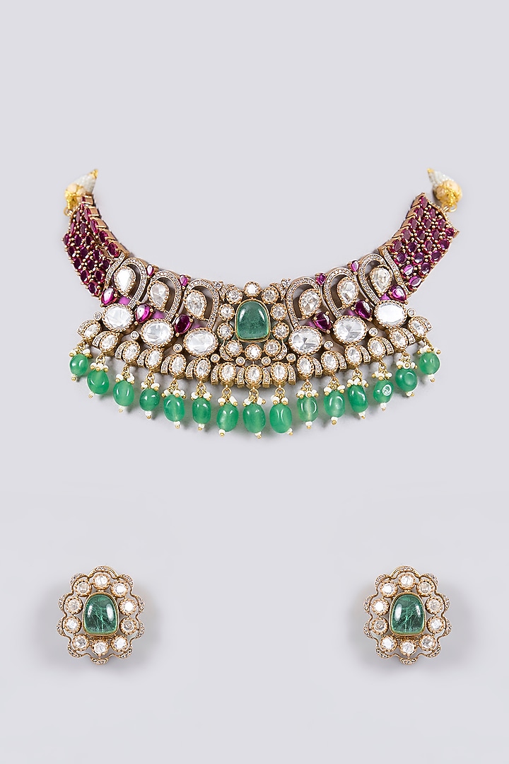 Gold Plated Kundan Polki & Ruby Beaded Choker Necklace Set by Aura Trends at Pernia's Pop Up Shop