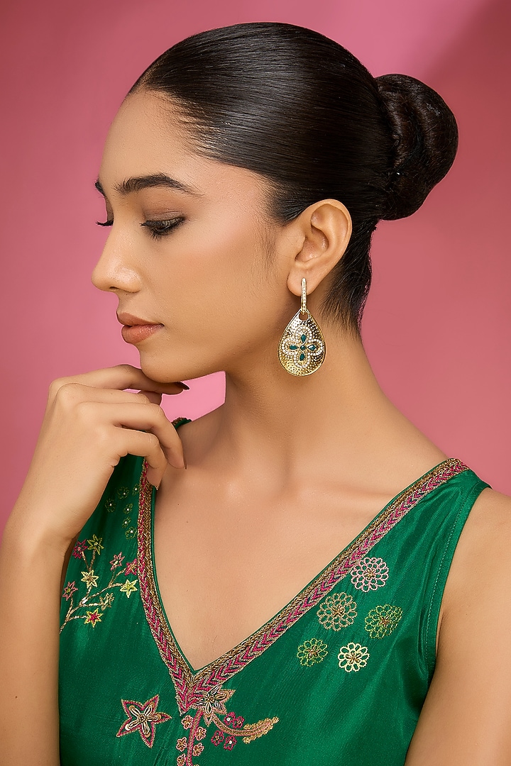 Gold Finish Kundan Polki & Green Stone Dangler Earrings by Auraa Trends at Pernia's Pop Up Shop