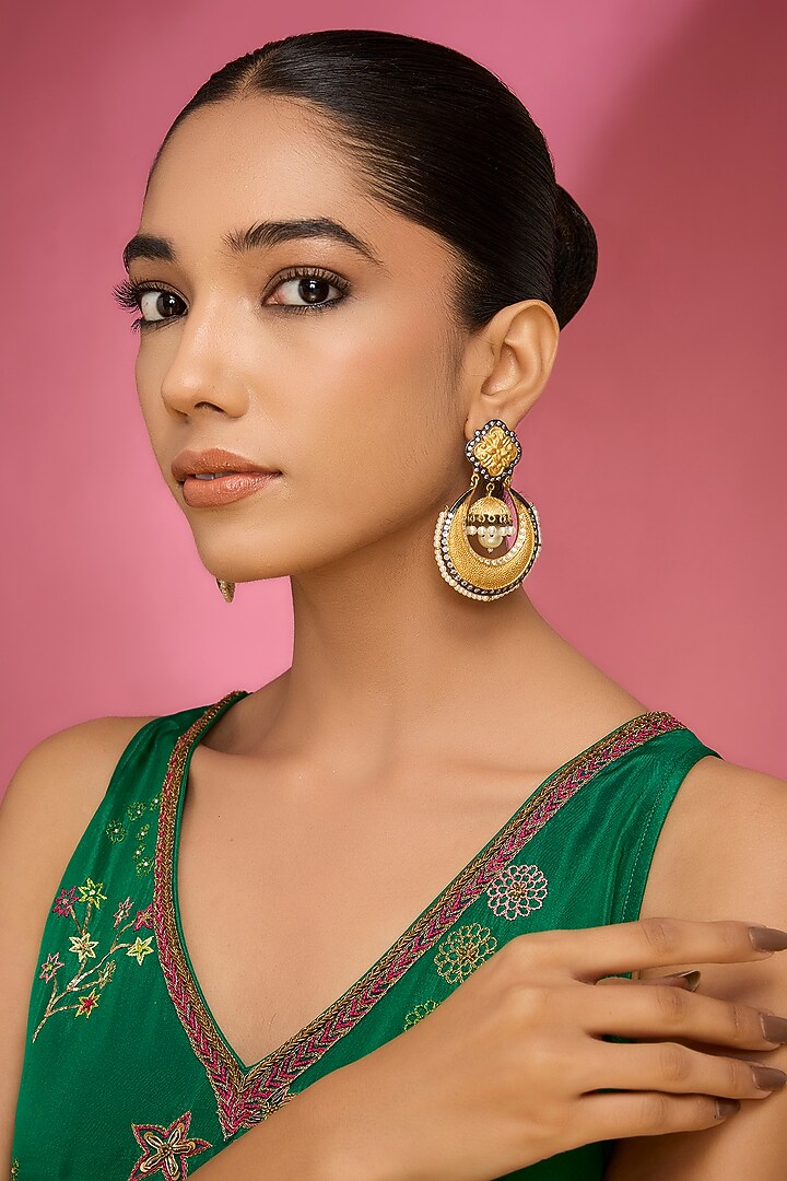 Gold Finish Kundan Polki Chandbali Earrings by Aura Trends at Pernia's Pop Up Shop