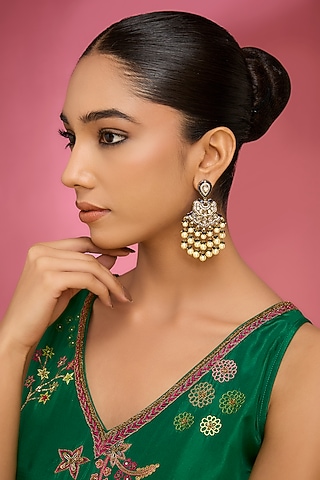 Gold Finish Kundan Polki & Pearl Hanging Chandbali Earrings by Aura Trends