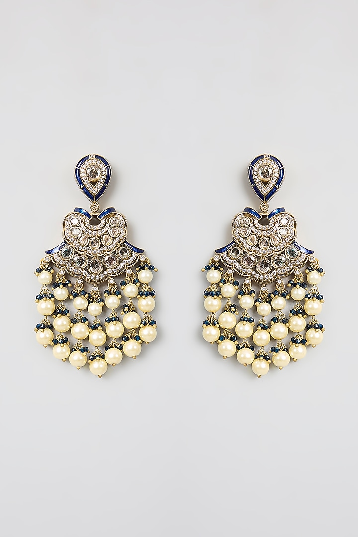 Gold Finish Kundan Polki & Pearl Hanging Chandbali Earrings by Aura Trends at Pernia's Pop Up Shop