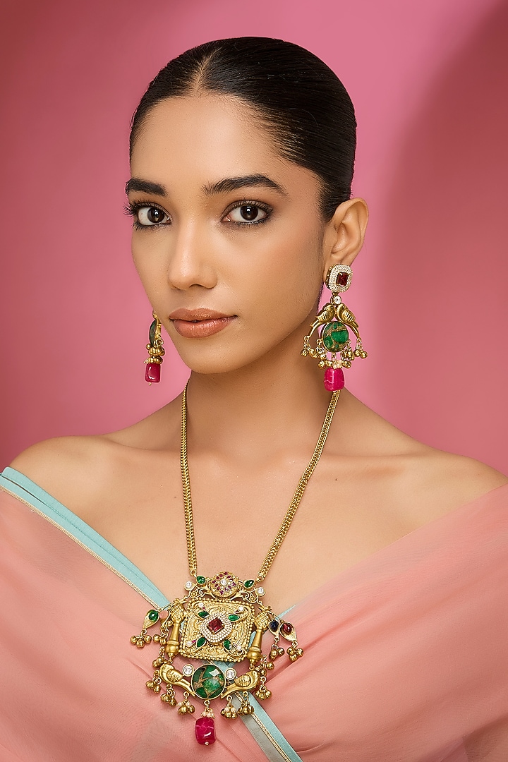 Gold Finish Kundan Polki & Pink Stone Long Necklace Set by Aura Trends at Pernia's Pop Up Shop