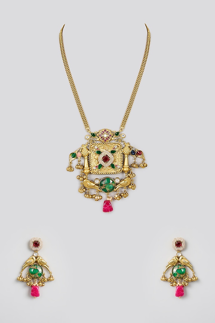 Gold Finish Kundan Polki & Pink Stone Long Necklace Set by Aura Trends at Pernia's Pop Up Shop