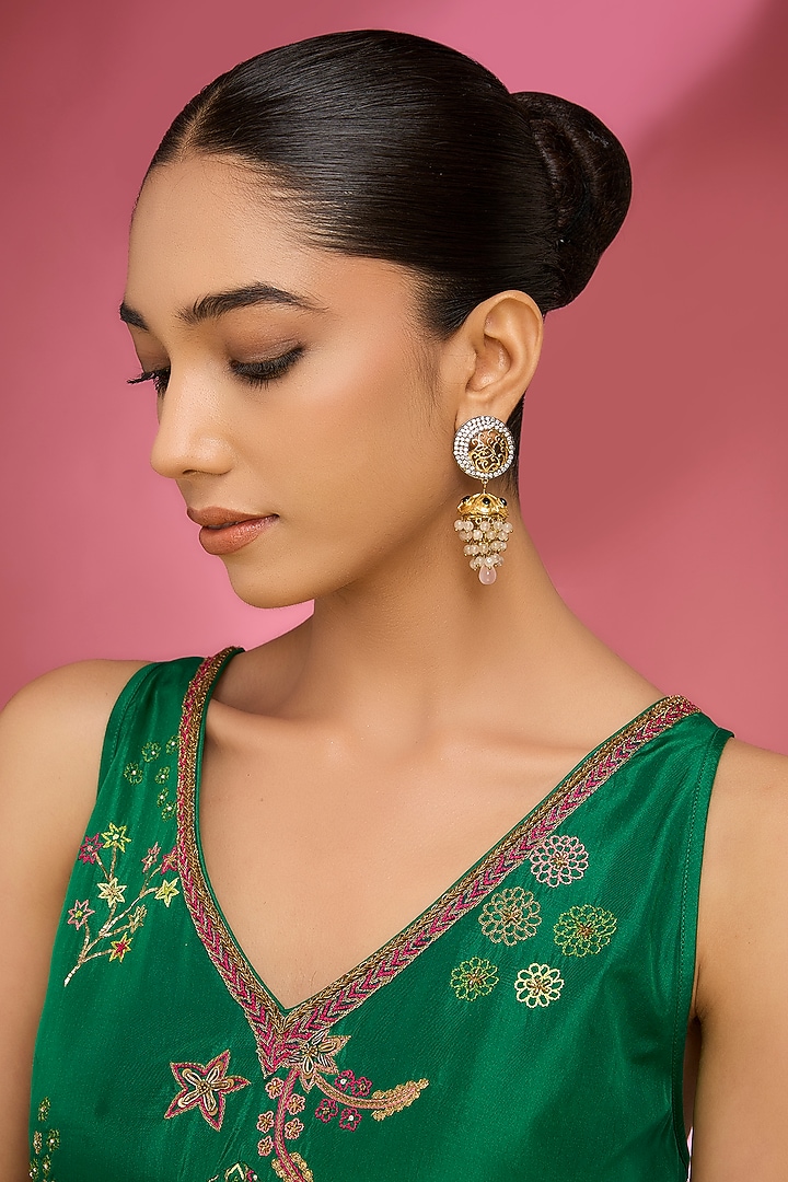 Gold Finish Kundan Polki & American Diamond Dangler Earrings by Aura Trends at Pernia's Pop Up Shop