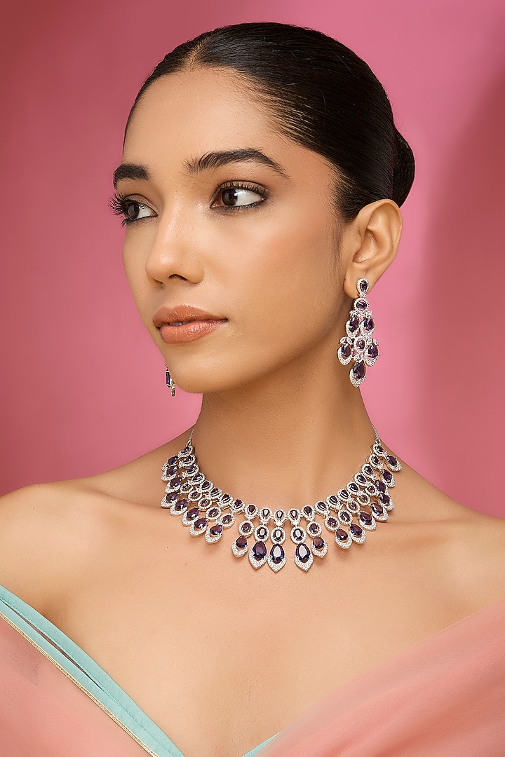 White Rhodium Finish American Diamond & Sapphire Stone Necklace Set by Auraa Trends at Pernia's Pop Up Shop