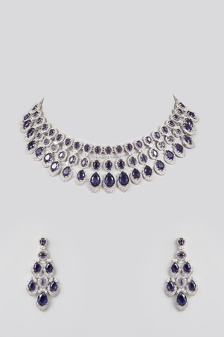 White Rhodium Finish American Diamond & Sapphire Stone Necklace Set by Aura Trends at Pernia's Pop Up Shop