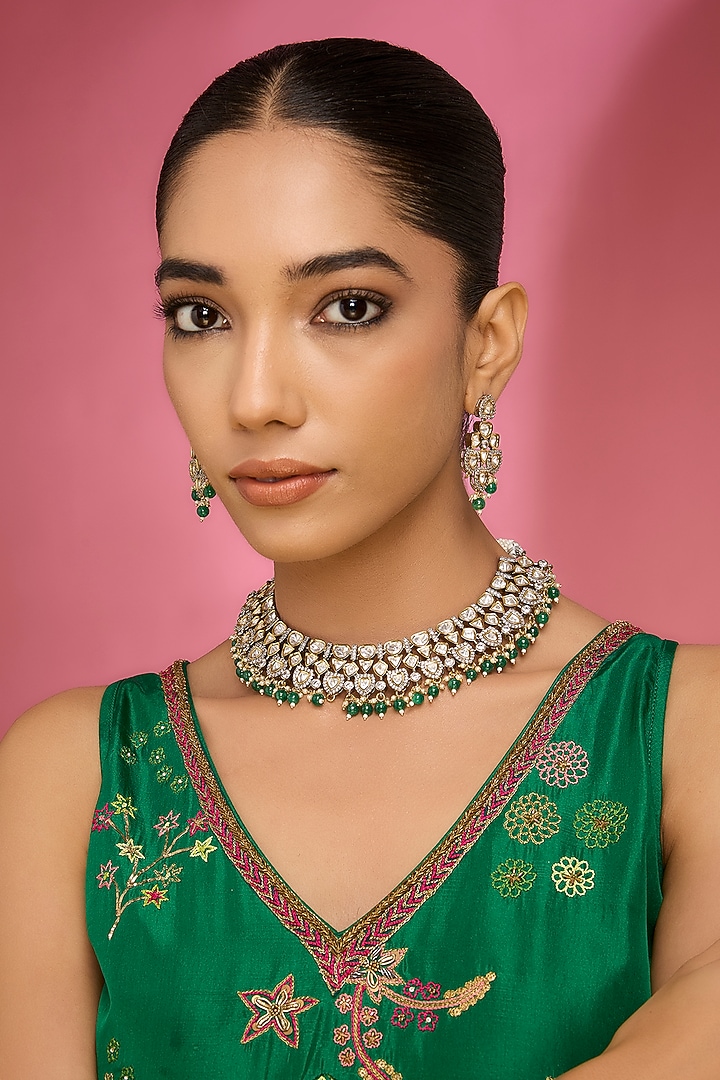 White Finish American Diamond & Green Stone Necklace Set by Aura Trends at Pernia's Pop Up Shop