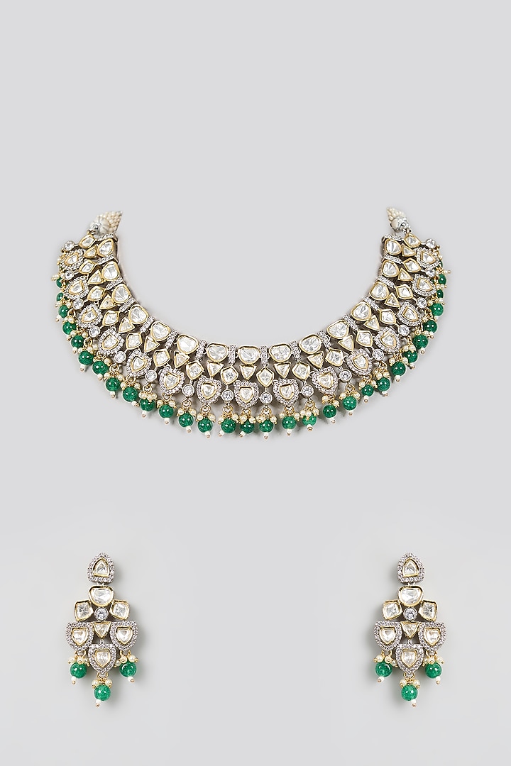 White Finish American Diamond & Green Stone Necklace Set by Aura Trends at Pernia's Pop Up Shop