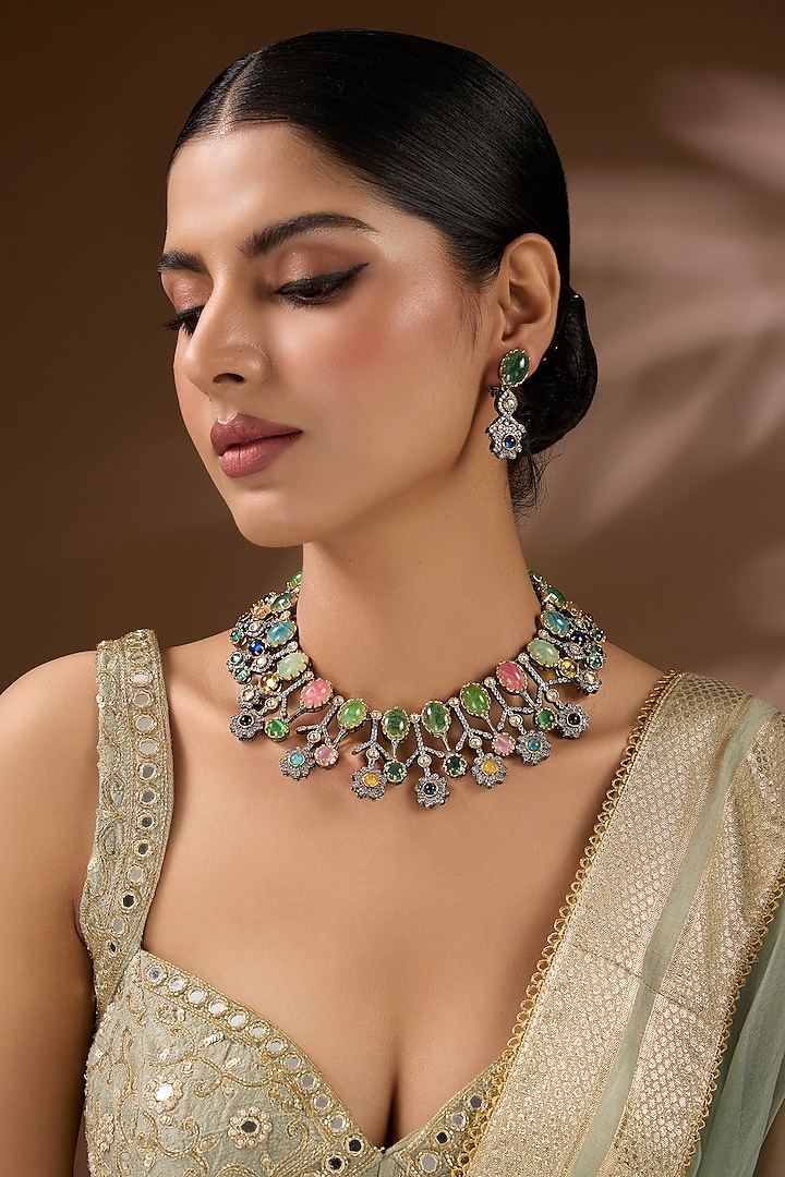 Gold Finish Multi-Colored Kundan Polki Choker Necklace Set by Auraa Trends at Pernia's Pop Up Shop