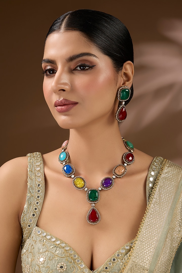 Gold Finish Multi-Colored Kundan Polki Necklace Set by Aura Trends at Pernia's Pop Up Shop
