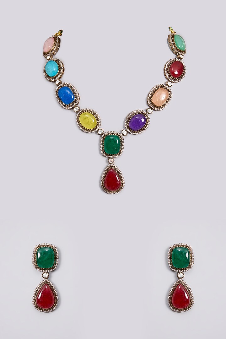 Gold Finish Multi-Colored Kundan Polki Necklace Set by Aura Trends at Pernia's Pop Up Shop