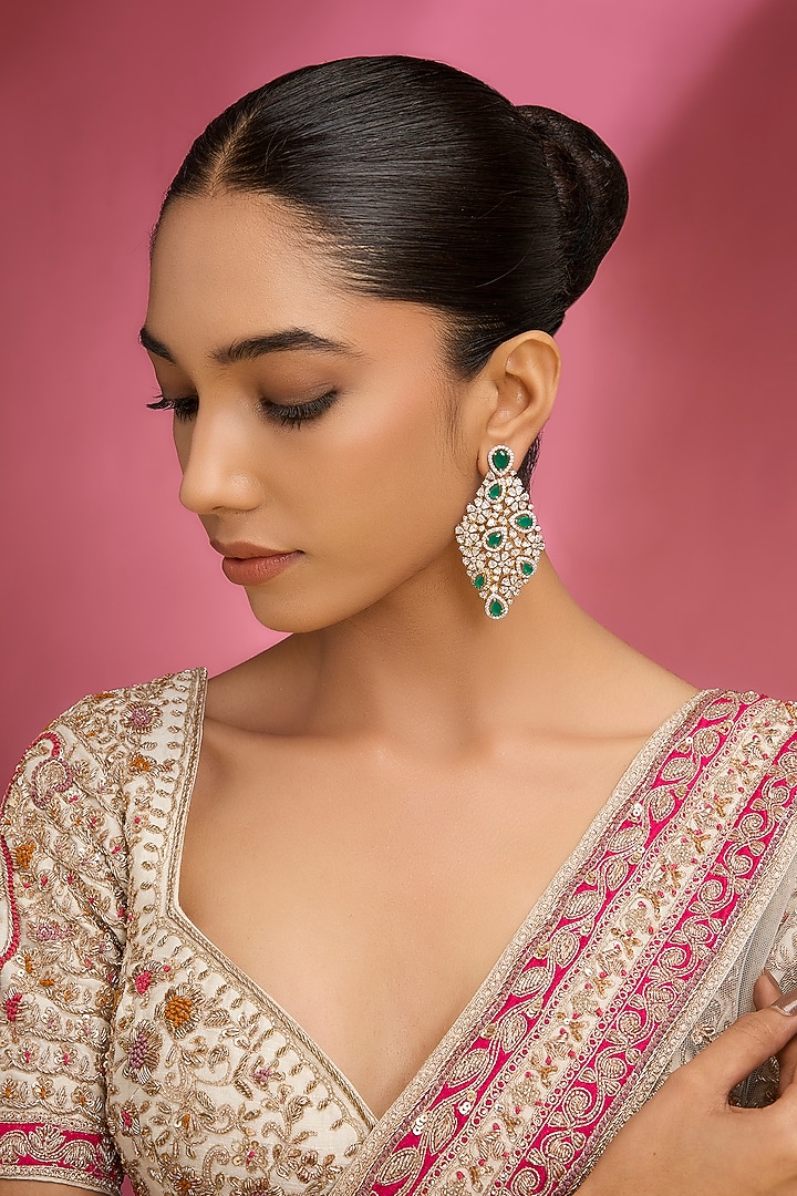Gold Finish Kundan Polki & Green Stone Chandbali Earrings by Aura Trends at Pernia's Pop Up Shop