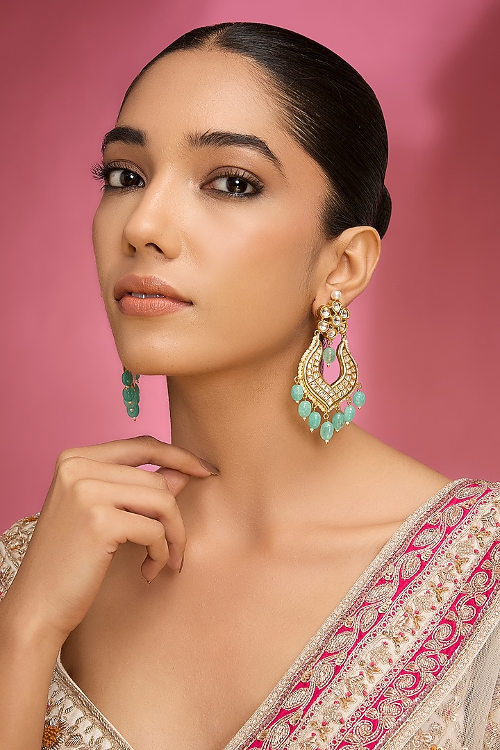 Gold Finish Kundan Polki & Green Stone Chandbali Earrings by Auraa Trends at Pernia's Pop Up Shop
