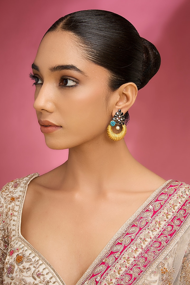 Gold Finish Kundan Polki Turquoise Dangler Earrings by Aura Trends at Pernia's Pop Up Shop