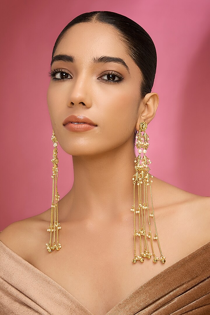 Gold Finish Kundan Polki Dangler Earrings by Auraa Trends at Pernia's Pop Up Shop