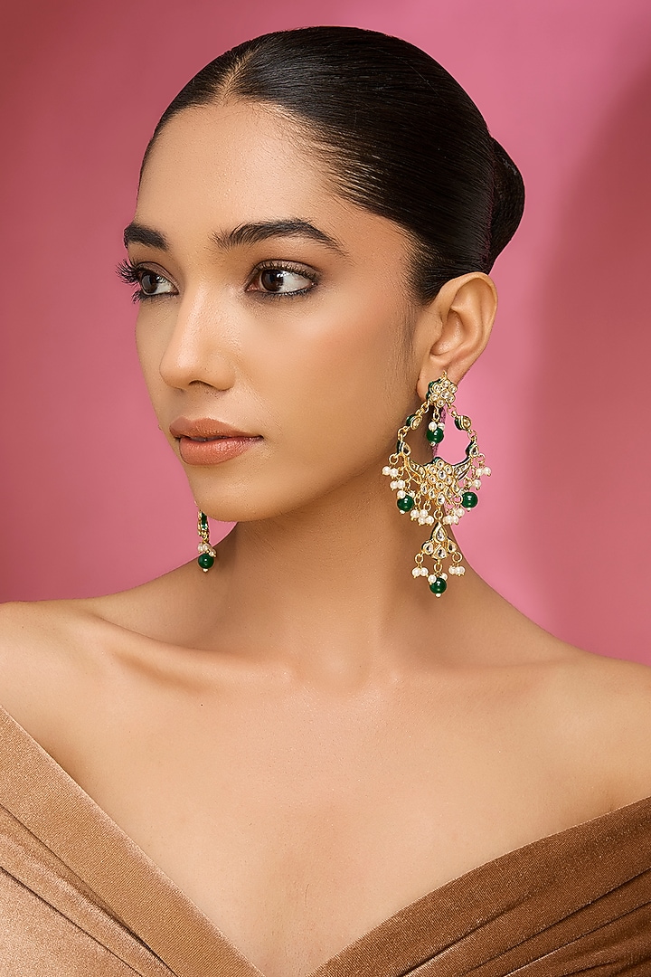 Gold Finish Kundan Polki & Green Gemstone Chandbali Earrings by Aura Trends at Pernia's Pop Up Shop