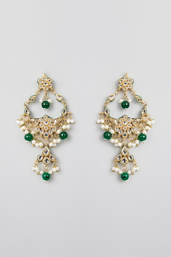 Gold Finish Kundan Polki & Green Gemstone Chandbali Earrings by Aura Trends at Pernia's Pop Up Shop