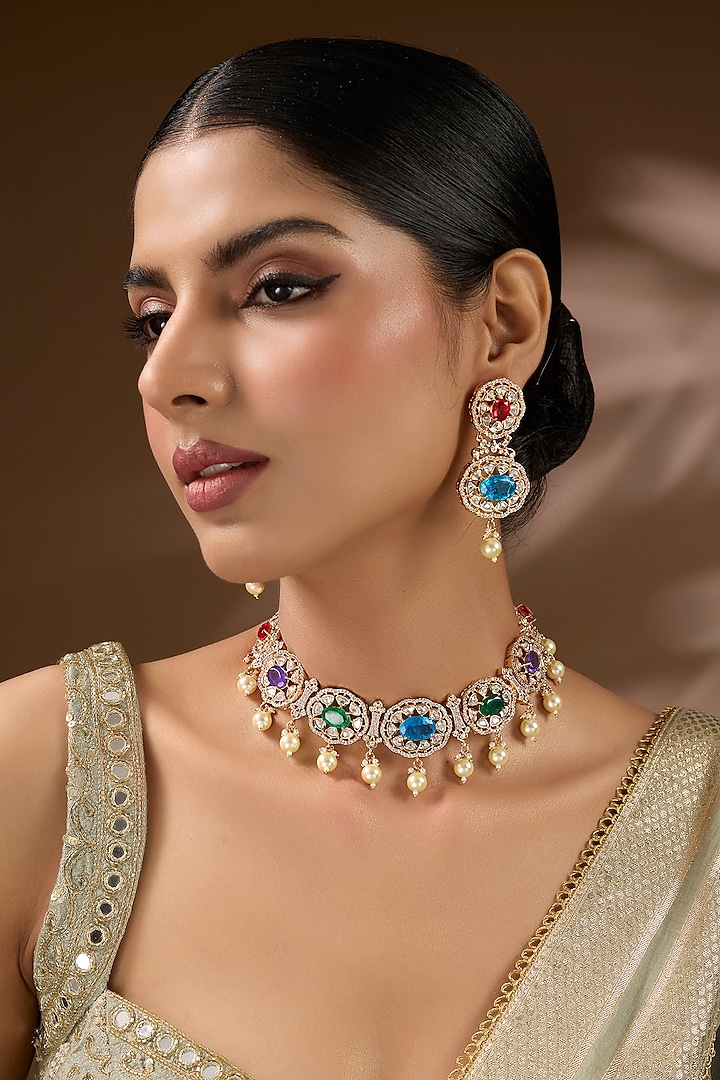Gold Finish Kundan Polki & Pearl Choker Necklace Set by Auraa Trends at Pernia's Pop Up Shop