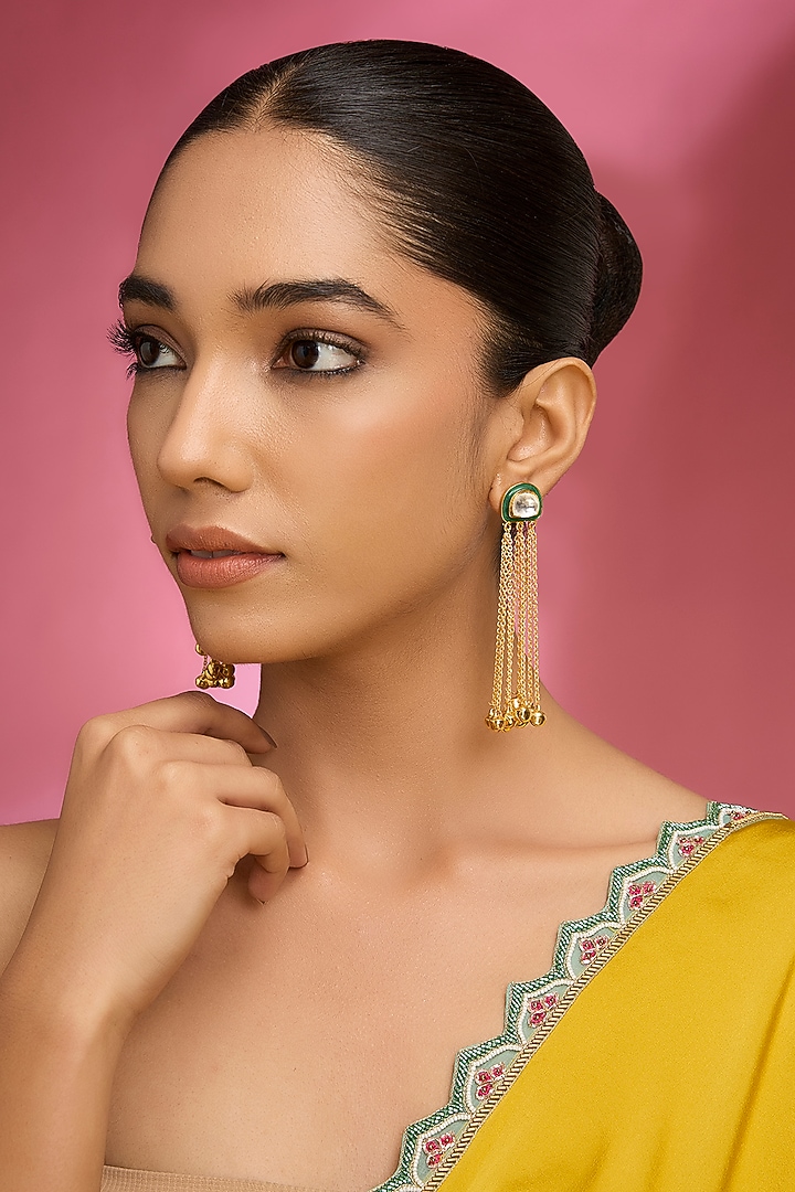 Gold Finish Kundan Polki & Green Sone Dangler Earrings by Aura Trends at Pernia's Pop Up Shop