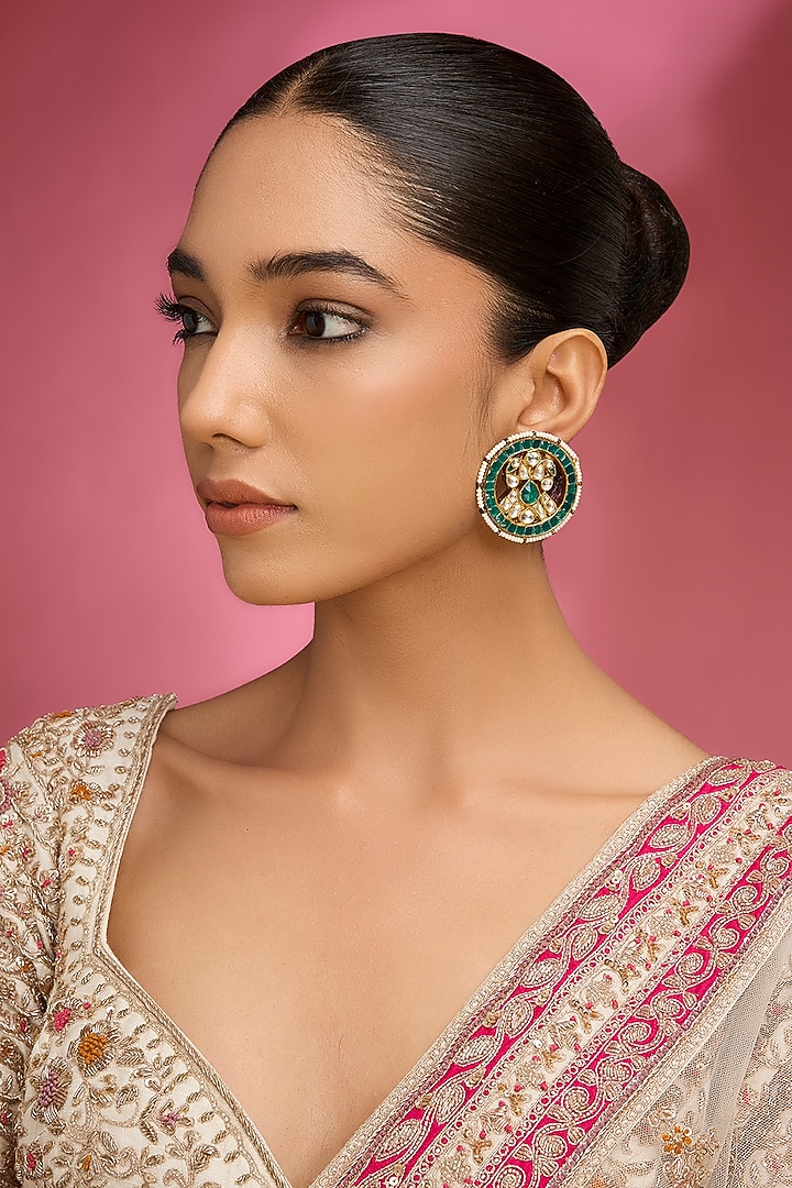 Gold Finish Kundan Polki & Green Sone Stud Earrings by Aura Trends at Pernia's Pop Up Shop
