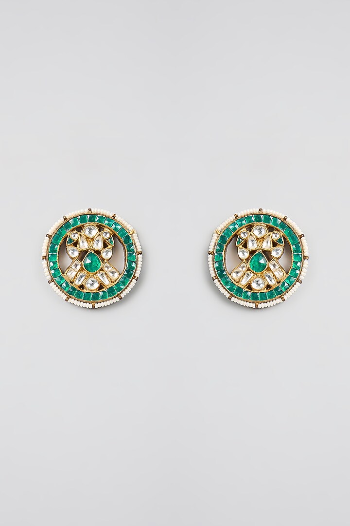 Gold Finish Kundan Polki & Green Sone Stud Earrings by Aura Trends at Pernia's Pop Up Shop