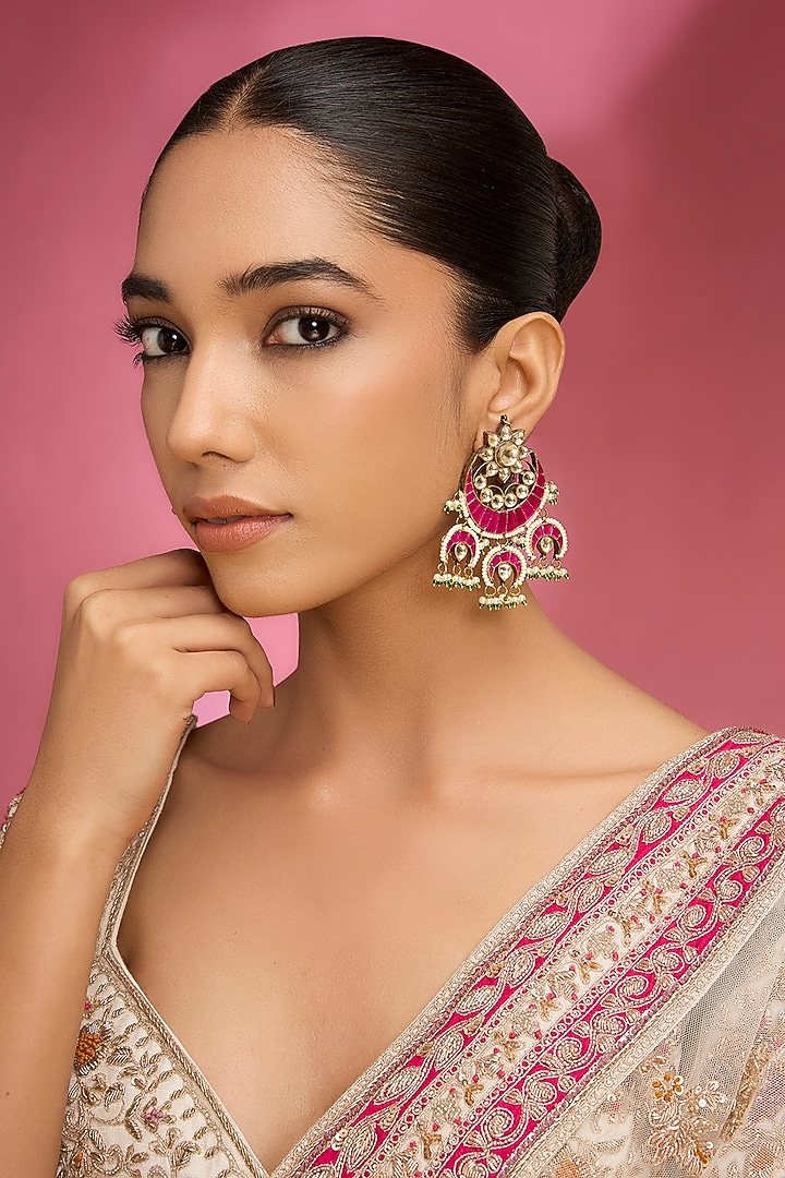 Gold Finish Kundan Polki & Pink Stone Chandbali Earrings by Auraa Trends at Pernia's Pop Up Shop