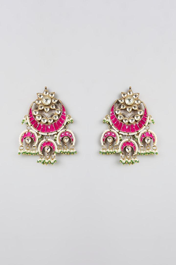Gold Finish Kundan Polki & Pink Stone Chandbali Earrings by Aura Trends at Pernia's Pop Up Shop