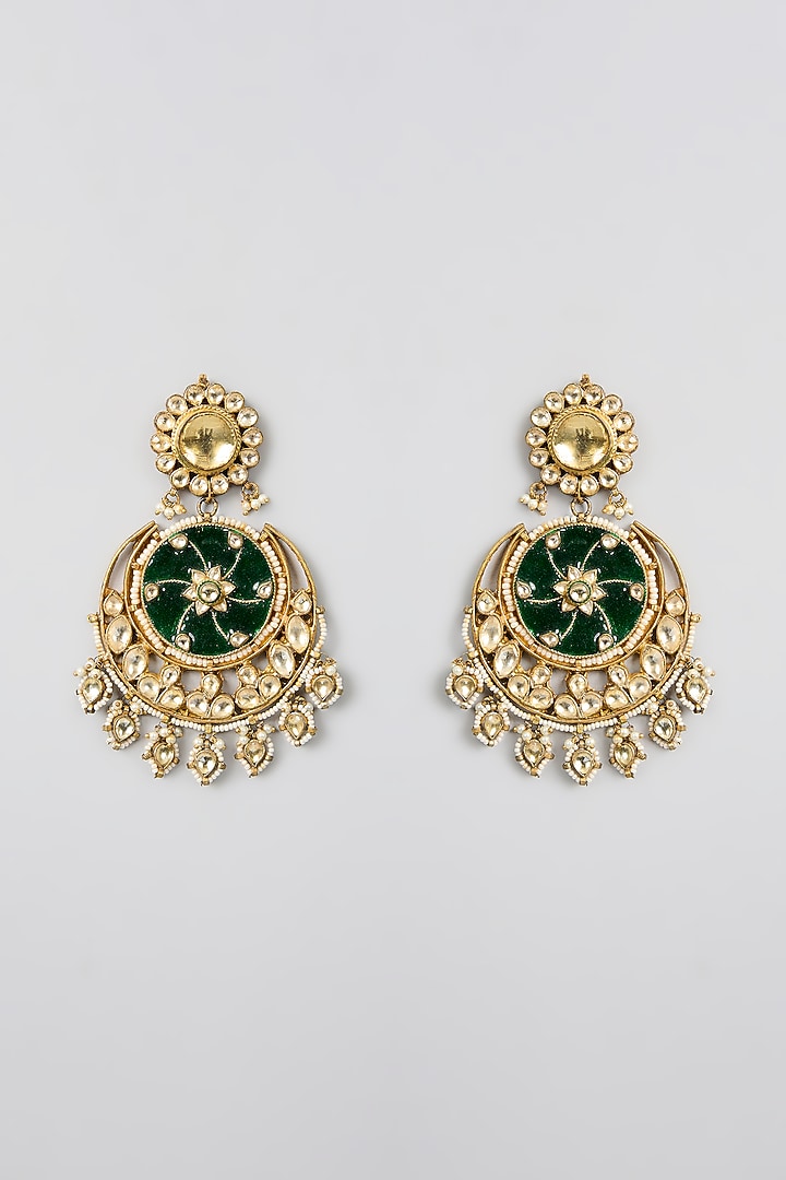 Gold Finish Kundan Polki & Green Stone Chandbali Earrings by Aura Trends at Pernia's Pop Up Shop