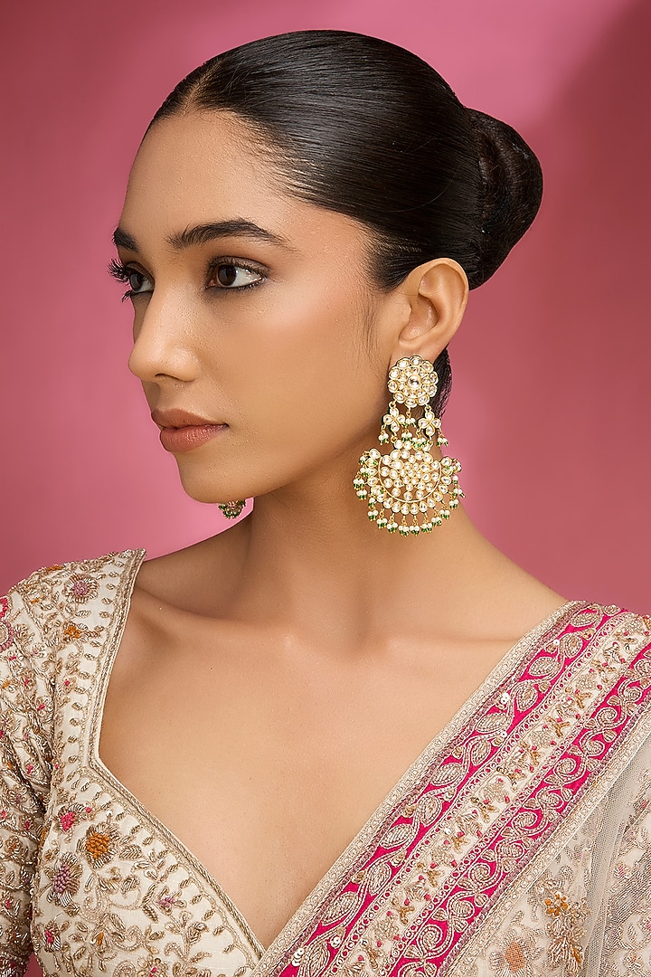 Gold Finish Kundan Polki & Pearl Chandbali Earrings by Aura Trends at Pernia's Pop Up Shop