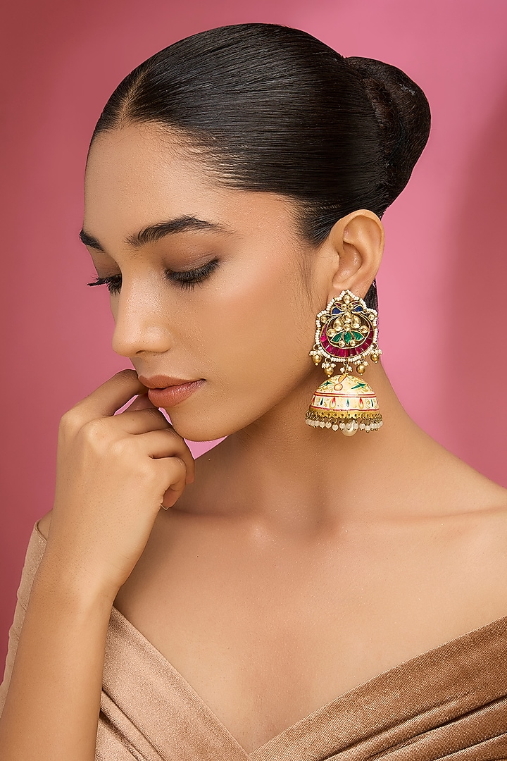 Gold Finish Kundan Polki & Green Stone Dangler Earrings by Aura Trends at Pernia's Pop Up Shop